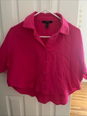 Forever 21 Bright Pink Button-Front Crop Shirt